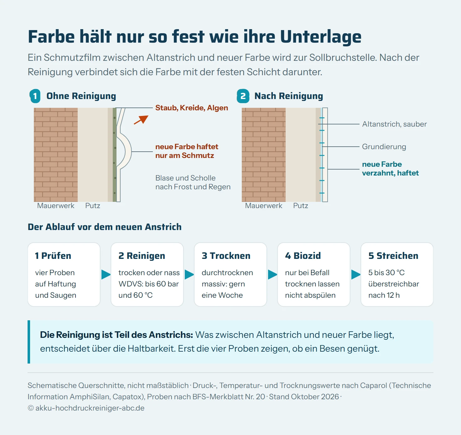 Schematische Grafik in zwei Teilen. Oben zwei Querschnitte durch eine Putzwand mit Altanstrich. Links ohne Reinigung: Zwischen Altanstrich und neuer Farbe liegt eine Trennschicht aus Staub, Kreide und Algen. Die neue Farbe haftet nur auf dieser Schicht und hebt sich mit Blasen und abblätternden Schollen ab. Rechts nach Reinigung: Die neue Farbe liegt direkt auf dem festen Altanstrich, verzahnt mit ihm und haftet. Unten ein Ablauf in fünf Schritten: prüfen mit Wisch-, Kratz-, Klebeband- und Benetzungsprobe, reinigen trocken oder nass, bei intakten Wärmedämm-Verbundsystemen höchstens 60 bar und 60 Grad laut Caparol, durchtrocknen lassen, bei Algen mit Biozid vorbehandeln und trocknen lassen, streichen bei 5 bis 30 Grad, nach 12 Stunden überstreichbar.