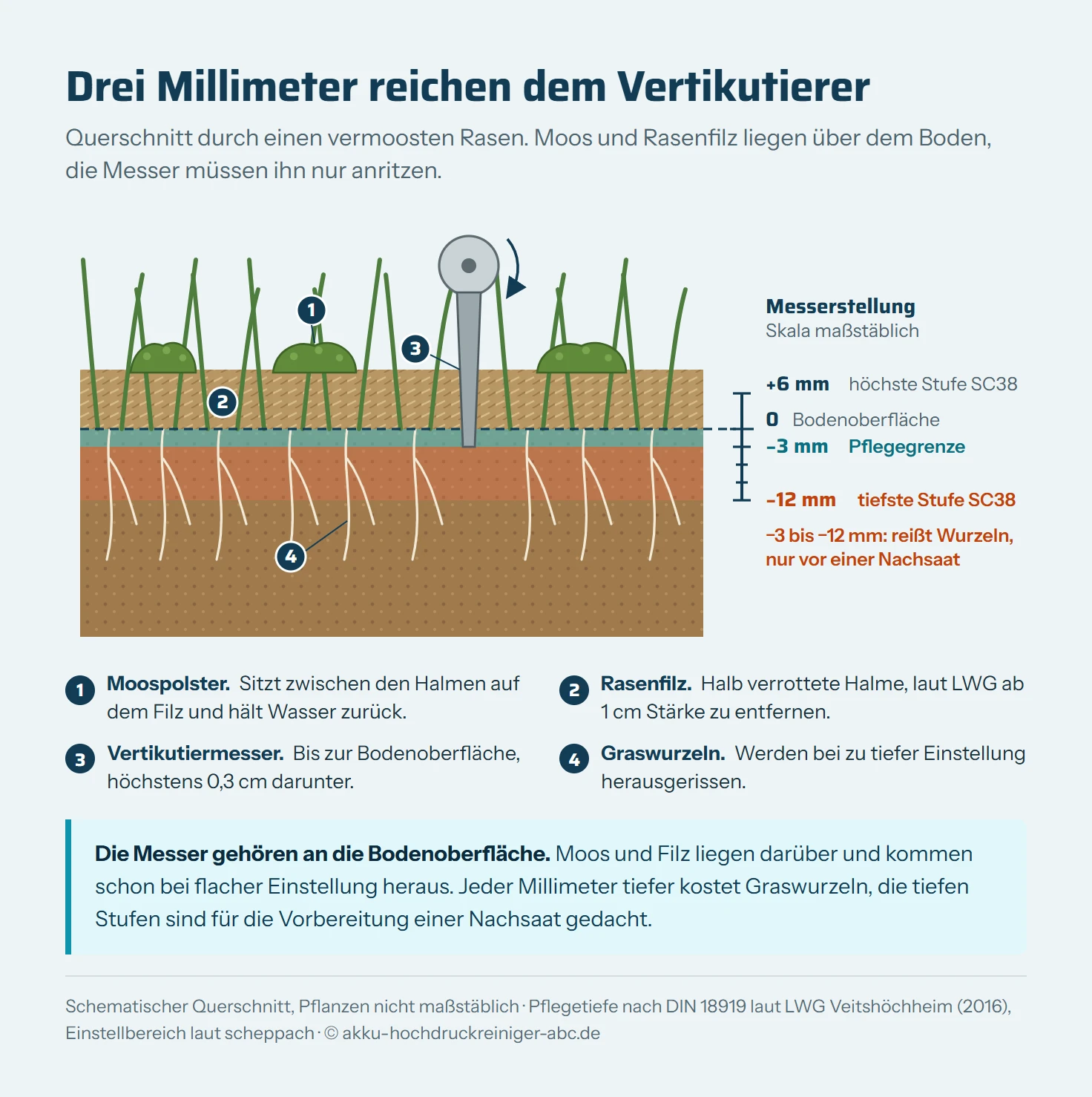 Schematischer Querschnitt durch einen vermoosten Rasen mit Tiefenskala. Oben Grashalme, dazwischen Moospolster, darunter eine braune Schicht Rasenfilz, dann die Bodenoberfläche als Nulllinie und der Boden mit Graswurzeln. Ein Vertikutiermesser reicht bis 3 mm unter die Bodenoberfläche, dieser Bereich ist als Pflegetiefe nach DIN 18919 markiert. Die Skala rechts reicht von plus 6 mm bis minus 12 mm, dem Einstellbereich des scheppach SC38. Die tiefen Stufen ab etwa minus 6 mm sind als Bereich markiert, in dem Wurzeln herausgerissen werden und der nur zur Vorbereitung einer Nachsaat gedacht ist.